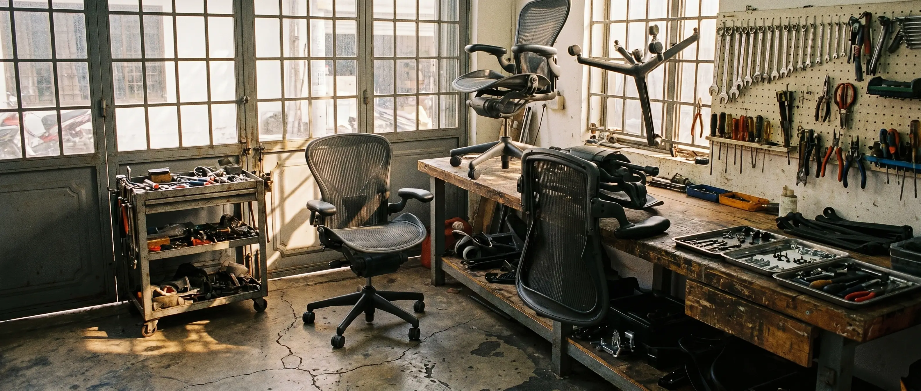 Inside the ErgoLabVN workshop in Saigon — chairs mid-restoration